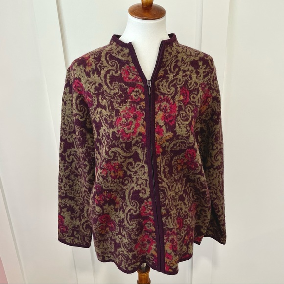 PENDLETON gorgeous burgundy paisley wool zipper cardigan - Picture 3 of 9